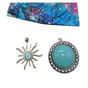 Turquoise & Silver color Sunburst And Mandala Pendant Set With Gift Pouch READ